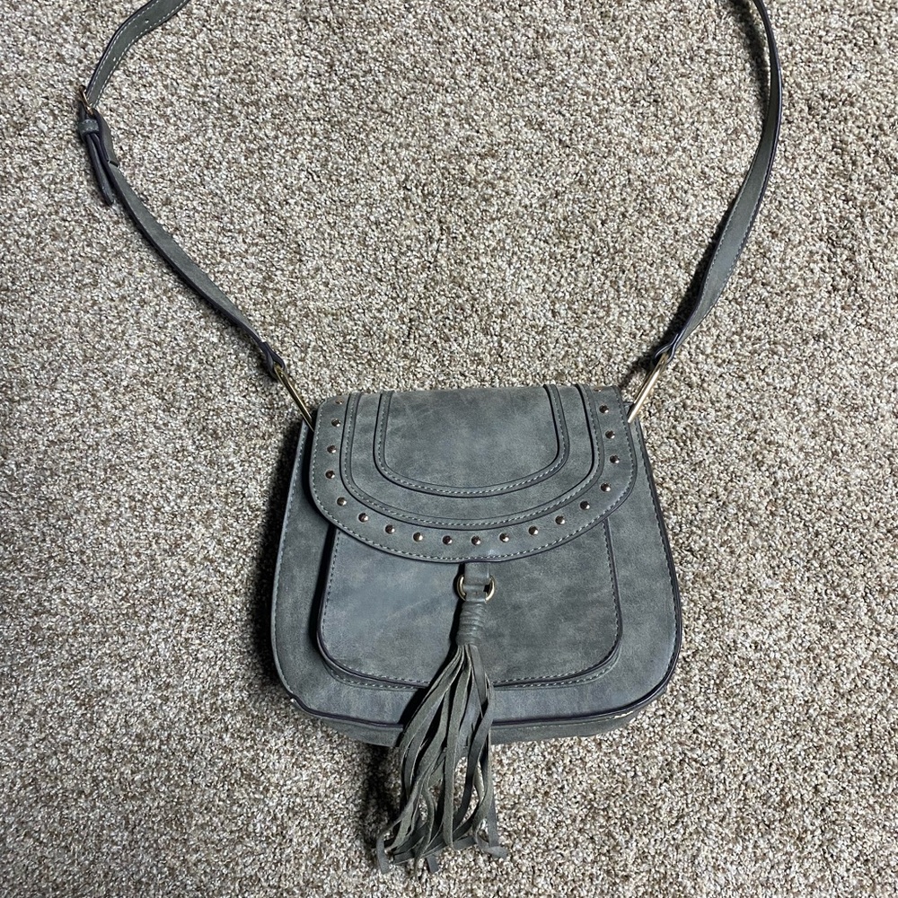 Chic Gray Leather Crossbody Bag with Tassel